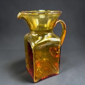 Pilgrim Glass Blown Glass Pitcher Jug Amber Red Ombre Square Art Glass Vase VTG